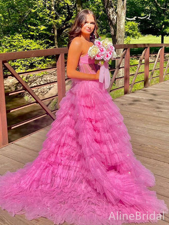 Elegant Hot Pink Strapless A-line Long Layered Tulle Prom Dress, Evening Gown, PD38159