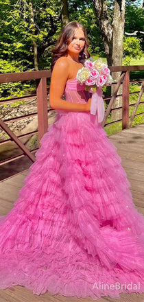 Elegant Hot Pink Strapless A-line Long Layered Tulle Prom Dress, Evening Gown, PD38159