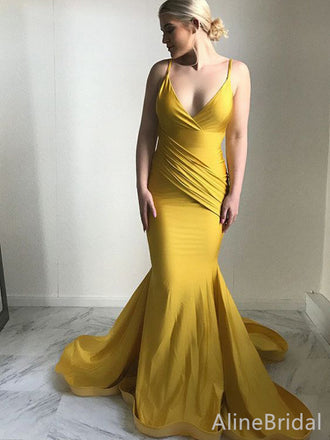 Stunning Yellow V-neck Spaghetti Strap Mermaid Long Prom Dress, Evening Dress, PD38160