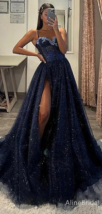 Sparkly Blue Sweetheart A-line Layered Prom Ball Gown with Slit, Evening Dress, PD38162