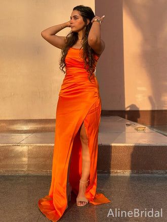 Elegant Orange Strapless Side Slit Memraid Long Prom Dress,PD38163