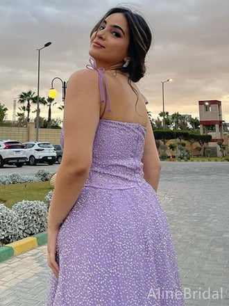 Sparkly Purple Spaghetti Strap A-line Long Prom Dress with Tie Shoulder, PD38164