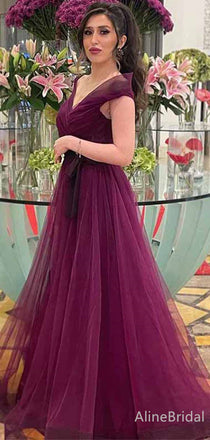 Simple Purple V-neck A-line Long Prom Dress, Tulle Evening Gown, PD38167