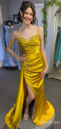 Elegant Gold V-neck Pleated Side Slit Mermaid Long Prom Dress, PD38172