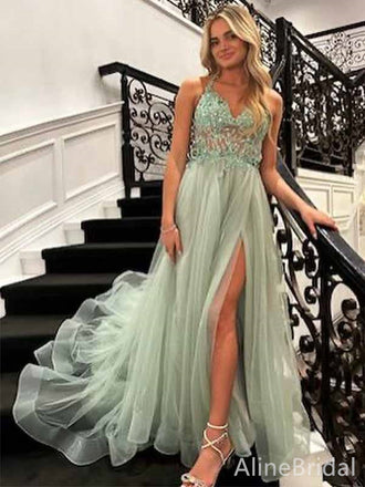 Elegant Green V-neck Lace Applique Side Slit A-line Long Tulle Prom Dress, PD38173
