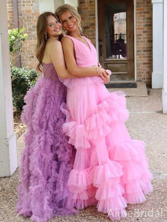 Elegant Pink V-neck A-line Long Layered Tulle Prom Dress, Evening Gown, PD38174