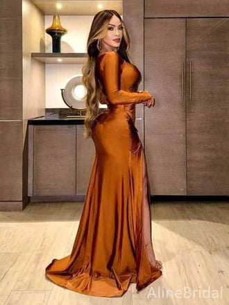 Sexy Burnt Orange Side Slit Cut Out Mermaid Long Prom Dress, Evening Gown, PD381757
