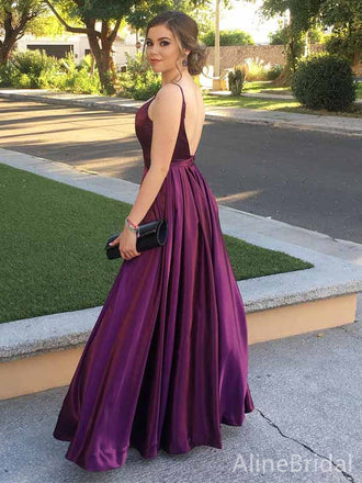 Sexy Purple V-neck Spaghetti Strap A-line Long Prom Dress with Slit, PD381759