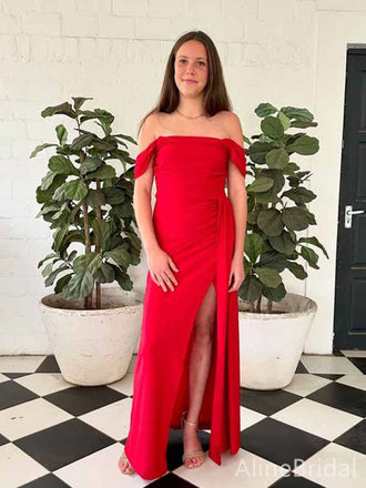 Elegant Red Off the Shoulder Side Slit Mermaid Long Prom Dress, Evening Dress, PD381762