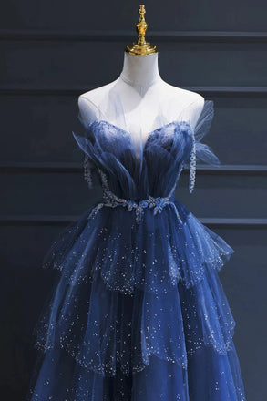 Sparkly Blue Strapless A-line Layered Tulle rom Dress, PD3663