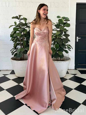 Elegant Pink V-neck Strapless Lace Applique A-line Long Prom Dress, Evening Gown,PD381764