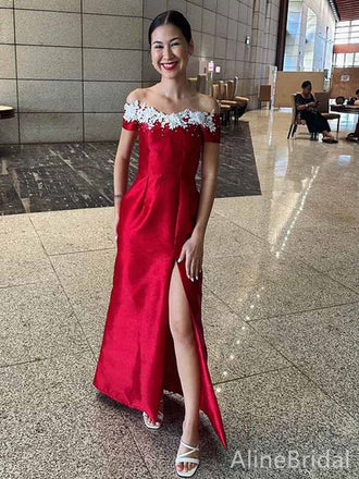 Gorgeous Red Off the Shoulder Lace Trim Side Slit Mermaid Long Prom Dress, Evening Dress, PD381767