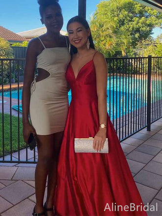 Gorgeous Red V-neck Spaghetti Strap A-line Long Prom Dress, PD381769