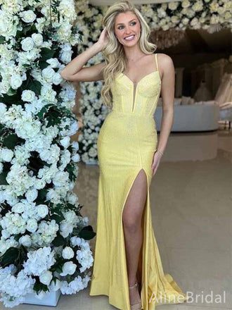 Elegant Yellow V-neck Spaghetti Strap Mermaid Long Prom Dress with Slit, PD381771