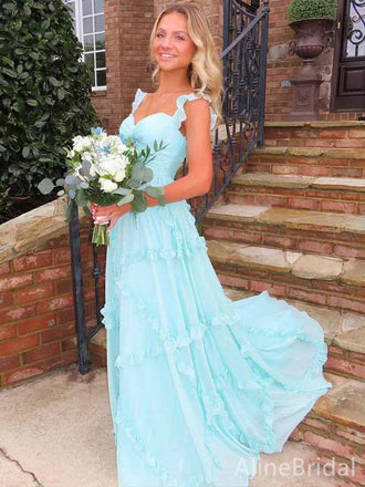 Elegant Chiffon Blue Sweetheart A-line Long Prom Dress with Ruffles, PD381774