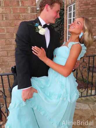 Elegant Chiffon Blue Sweetheart A-line Long Prom Dress with Ruffles, PD381774