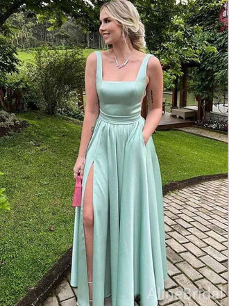 Elegant Mint Green Square Side Slit A-line Long Prom Dress,PD381782
