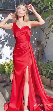Elegant Red One Shoulder Sweetheart Side Slit Mermaid Long Prom Dress, PD381785