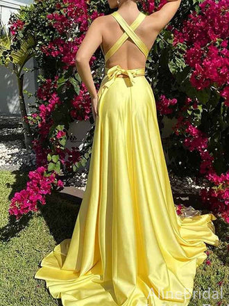 Stunning Yellow V-neck Side Slit A-line Long Prom Dress, Backless Evening Dress, PD381790