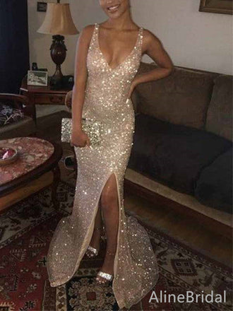 Sparkly Champagne Sequins V-neck Mermaid Long Prom Dress with Slit, PD381791