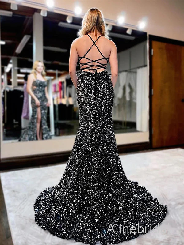 Sparkly Side Slit Black Sequins Mermaid Prom Dress, Long Cut Out Evening Dress, PD3823016