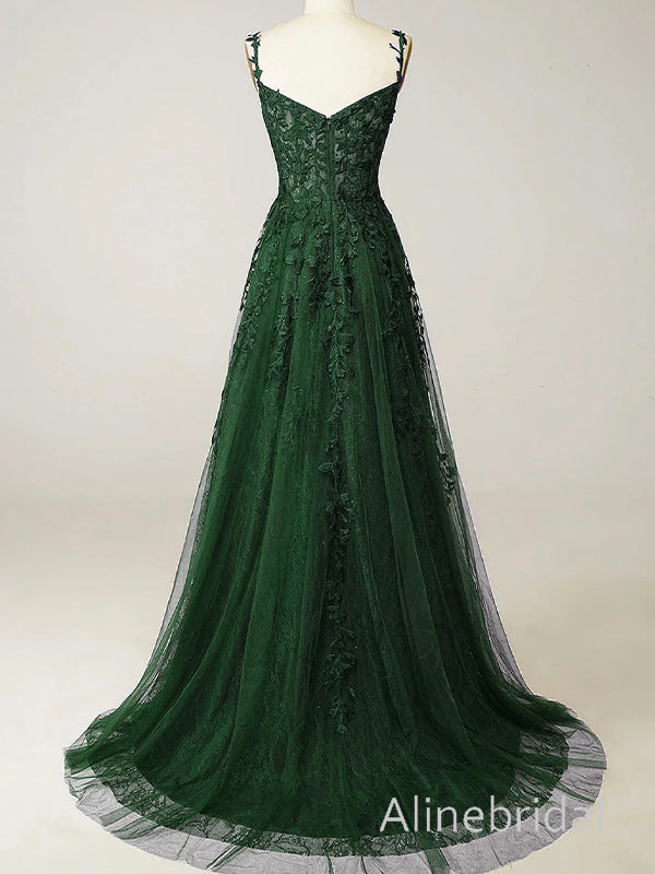 Elegant Green Spaghetti Straps Corset A-line Tulle Prom Dress, Evening Dress, PD3823011