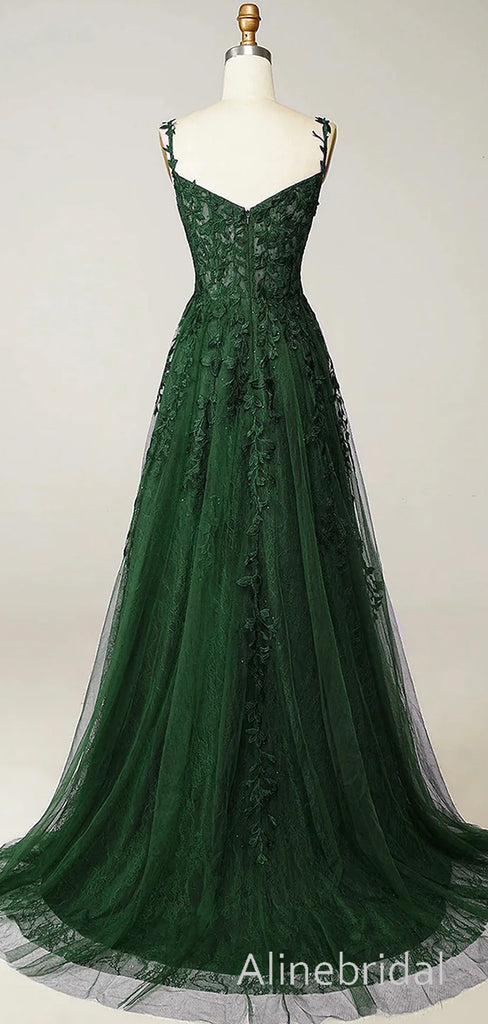Elegant Green Spaghetti Straps Corset A-line Tulle Prom Dress, Evening Dress, PD3823011
