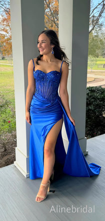 Elegant Blue Sweetheart Lace Beaded Prom Dress with Slit, Evening Dress, PD3823010