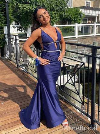 Sexy Purple Deep V-neck Spaghetti Strap Mermaid Long Prom Dress, PD381802