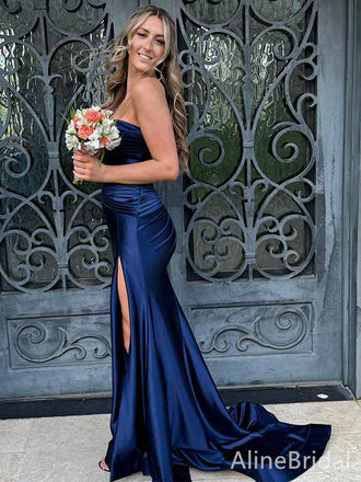 Elegant Navy Blue Sweetheart Strapless Front Twist Mermaid Long Prom Dress with Slit,PD381807
