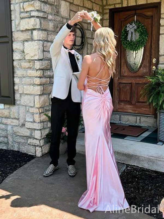 Elegant Pink Spaghetti Strap Backless Mermaid Long Prom Dress, Evening Dress, PD381809