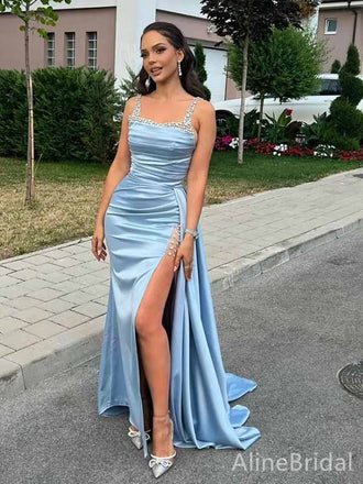 Gorgeous Light Blue Beading Square Mermaid Long Prom Dress with Slit, Evening Dress,PD381812