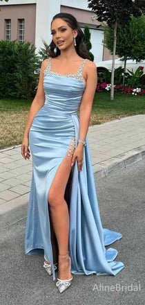 Gorgeous Light Blue Beading Square Mermaid Long Prom Dress with Slit, Evening Dress,PD381812