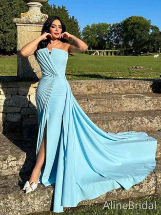 Unique Blue Strapless Pleated Side Slit Mermaid Long Prom Dress,PD381813