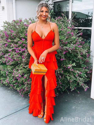 Sexy Red V-neck Side Slit A-line Ruffles Tiered Prom Dress, PD381817