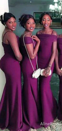 Elegant Purple Off-Shoulder Spaghetti Strap Long Mermaid Bridesmaid Dress, PD3295