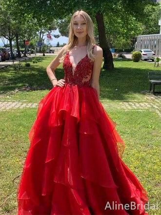 Gorgeous Red V-neck Lace Applique A-line Long Layered Tulle Prom Dress, PD381822