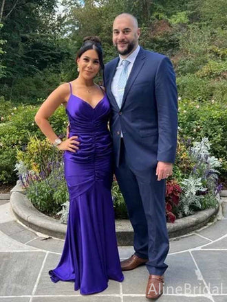 Gorgeous Purple V-neck Spaghetti Strap Mermaid Long Prom Dress, PD381824