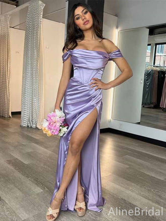 Elegant Purple Off-Shoulder Strapless Mermaid Long Prom Dress with Slit, PD381828