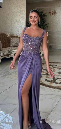 Sparkly Purple Beading Thish Slit  Mermaid Long Prom Dress, Evening Dress, PD381830