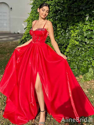 Gorgeous Red Sweetheart Spaghetti Strap A-line Long Prom Dress with Slit, PD381832