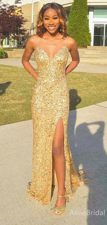 Sparkly Gold V-neck Spaghetti Strap Side Slit Mermaid Long Prom Dress, Evening Gown, PD381834