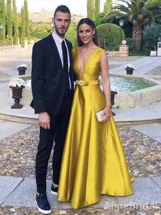 Elegant Yellow V-neck A-line Long Prom Dress with Sash, Evening Dress, PD381835