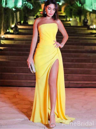 Elegant Yellow Strapless Pleated Mermaid Long Prom Dress with Slit,PD381837