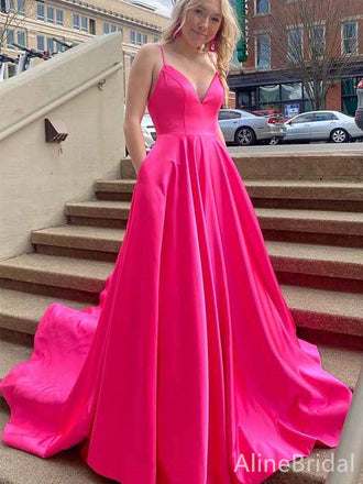 Elegant Hot Pink V-neck Spaghetti Strap A-line Long Prom Dress, PD381838