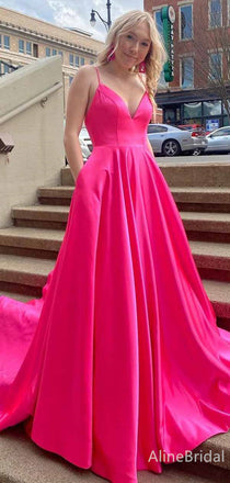 Elegant Hot Pink V-neck Spaghetti Strap A-line Long Prom Dress, PD381838