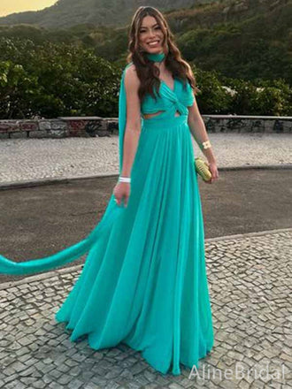 Gorgeous Teal V-neck A-line Long Prom Dress with Cut Out, PD381846