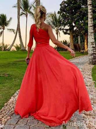 Elegant Red One Shoulder A-line Long Prom Dress, Evening Dress, PD381851