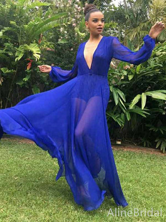 Elegant Royal Blue V-neck A-line Long Tulle Prom Dress with Sleeves, PD381854