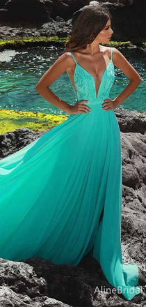 Gorgeous V-neck Teal Green Lace Applique A-line Long Prom Dress with Slit, PD381858